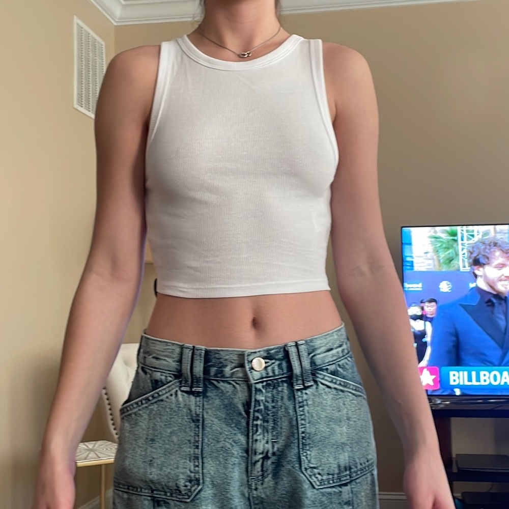 NEW Zara BASIC razorback halter neck crop top white S